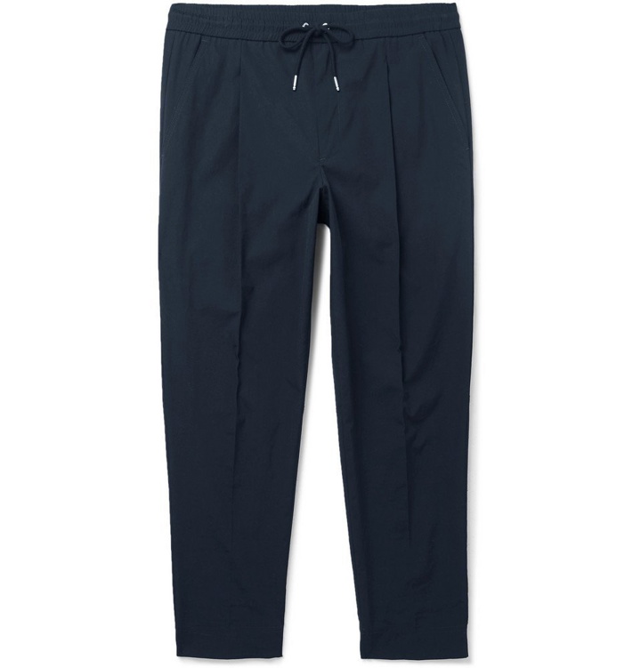 Photo: Moncler - Tapered Pleated Stretch-Cotton Drawstring Trousers - Navy
