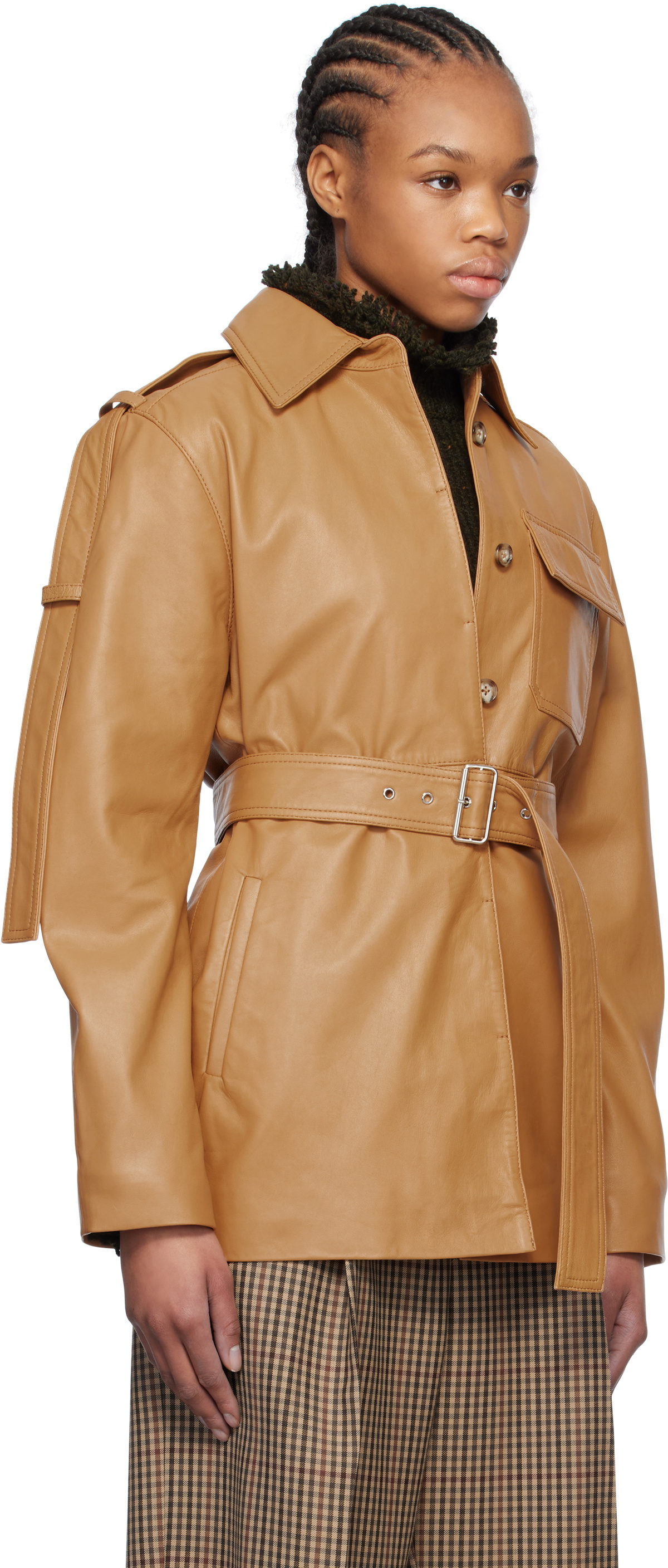 Victoria Beckham Tan Belted Boxy Leather Jacket