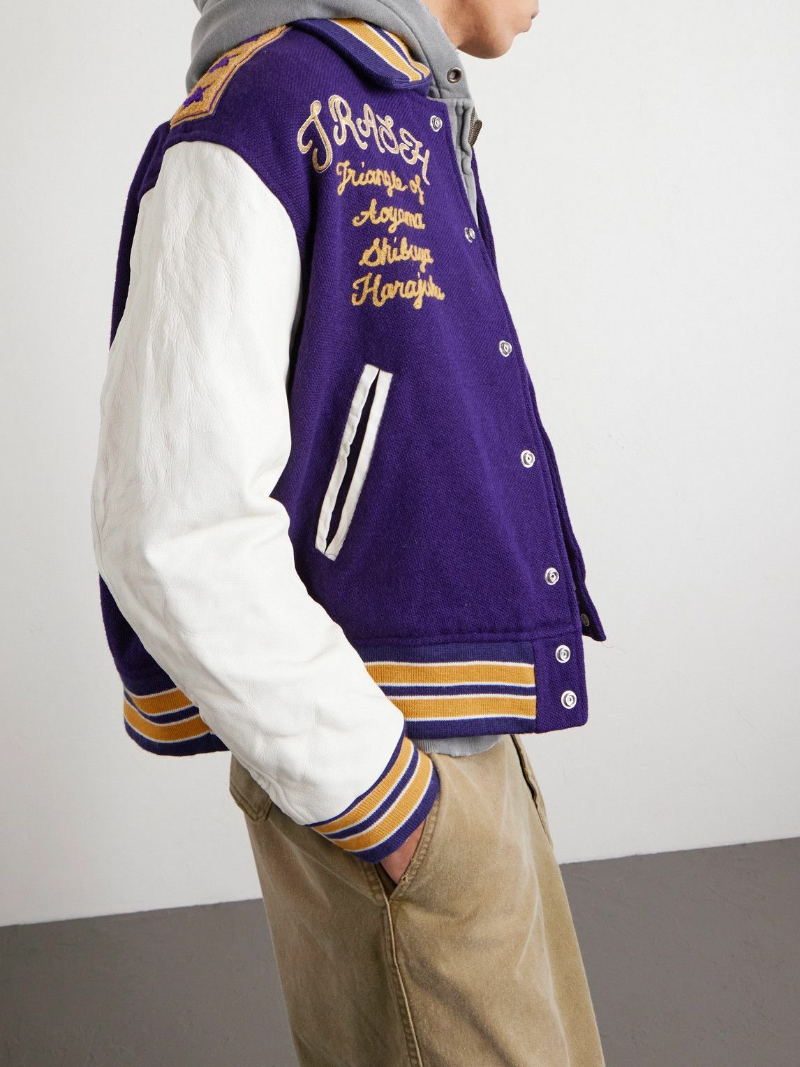 Needles - Cropped Leather-Trimmed Melton Wool Letter Jacket - Purple