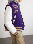 Needles - Cropped Leather-Trimmed Melton Wool Letter Jacket - Purple