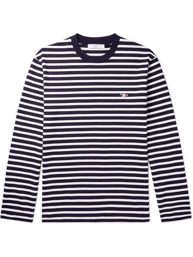 Photo: MAISON KITSUNÉ - Logo-Appliquéd Striped Cotton-Jersey T-Shirt - Blue