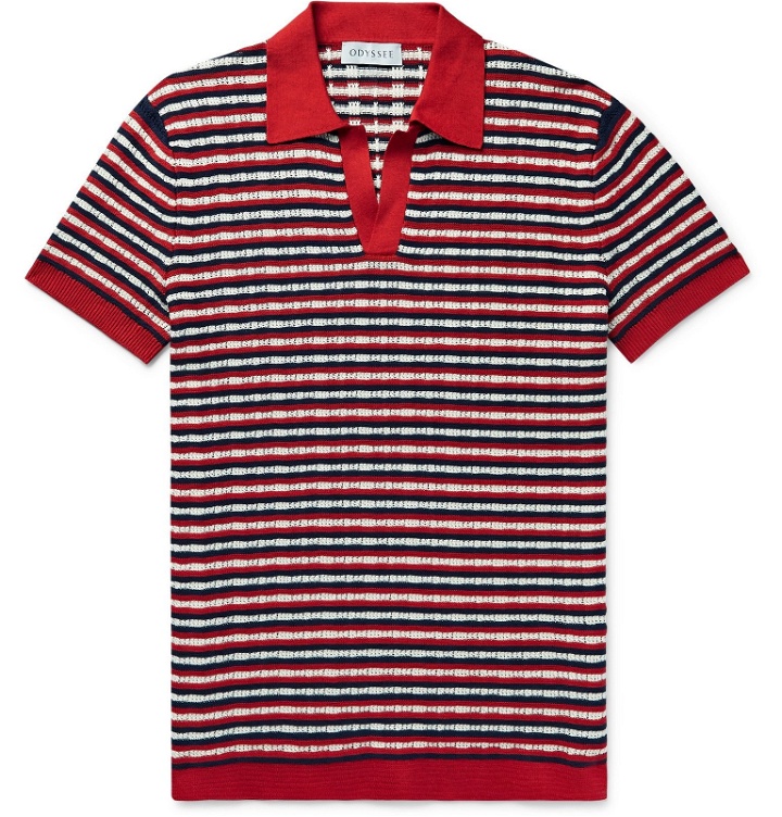 Photo: Odyssee - Murphy Slim-Fit Striped Crocheted Cotton Polo Shirt - Red