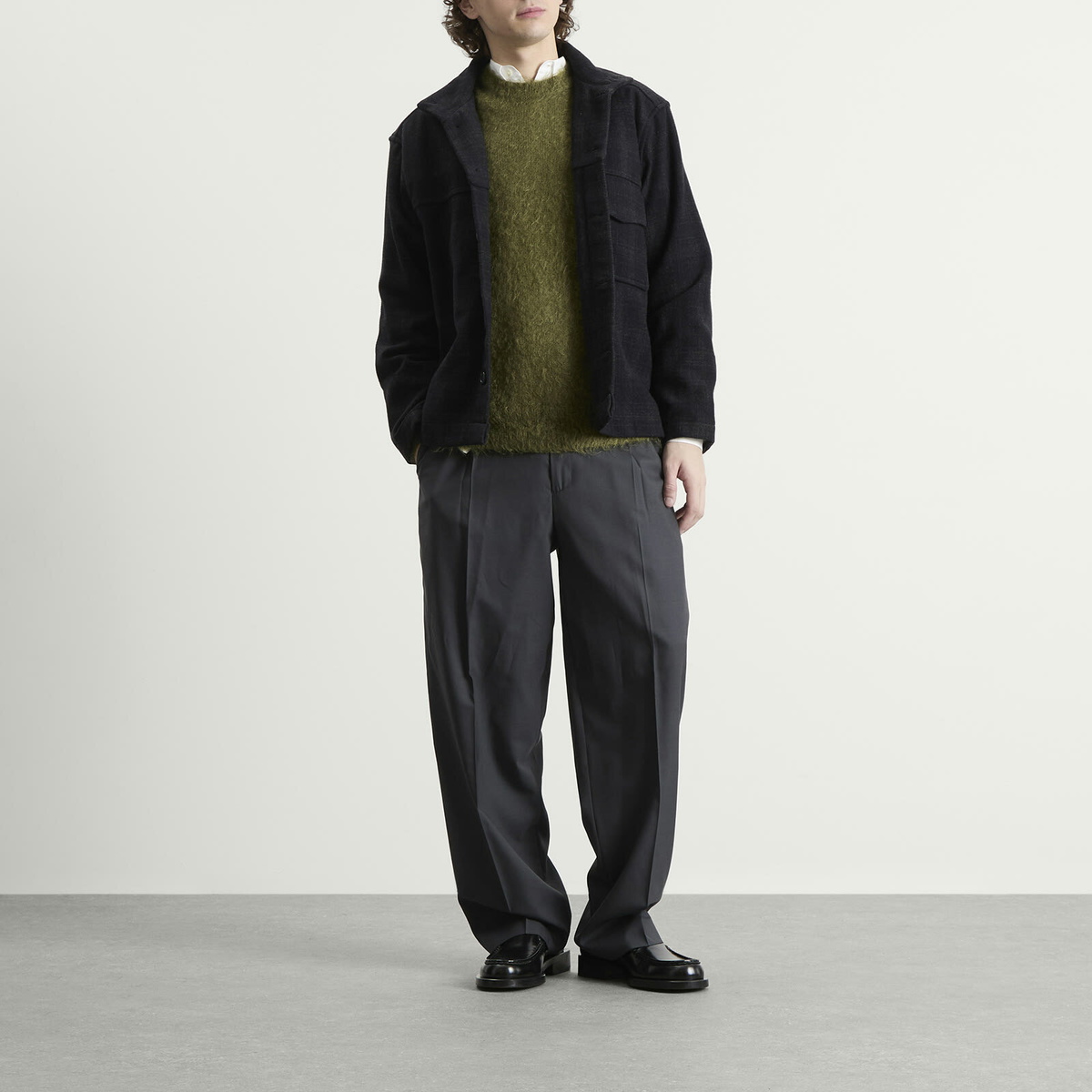 Auralee Men's Brushed Kid Mohair Jumper in Olive