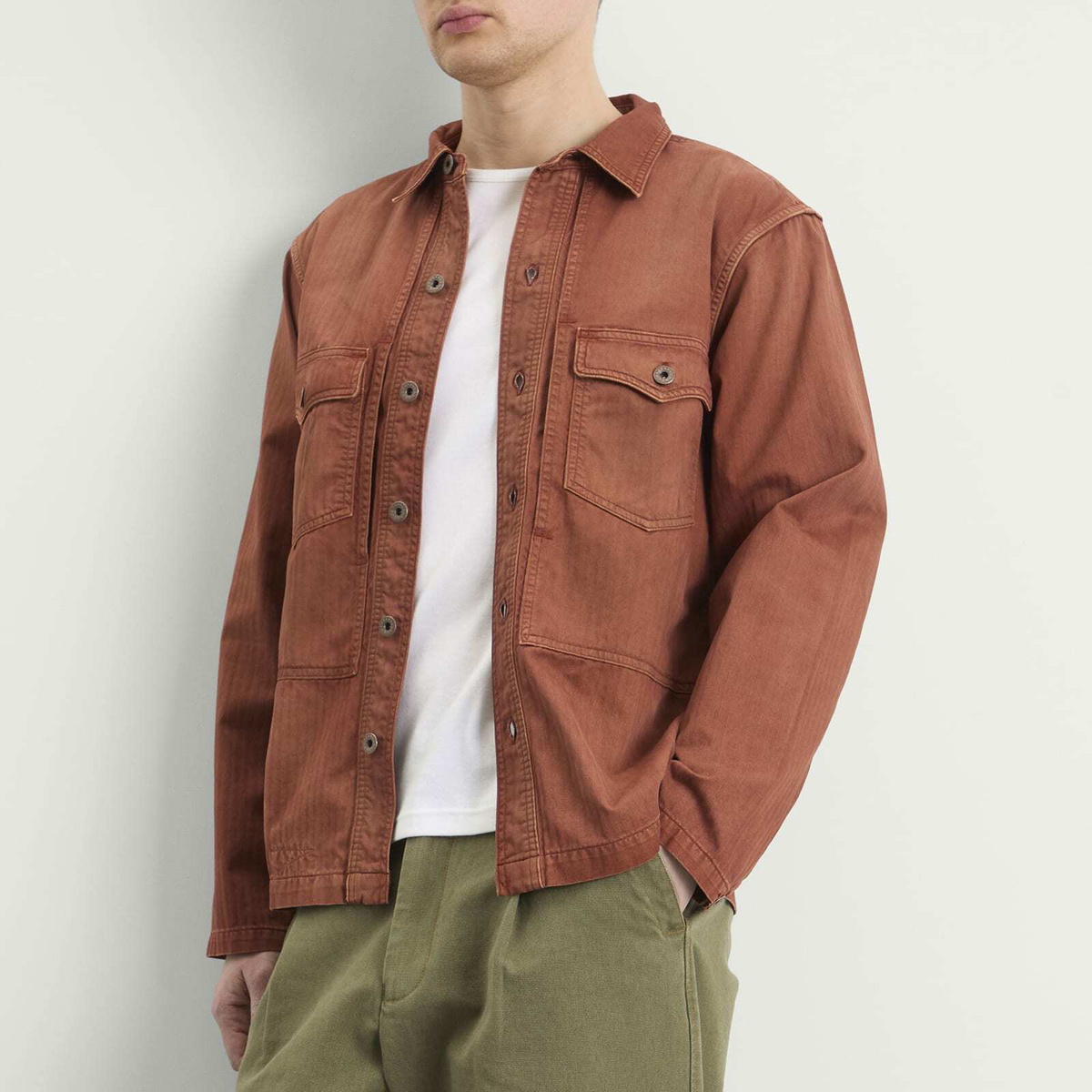 RRL Men's Embroidered Herringbone Overshirt in Brick RRL