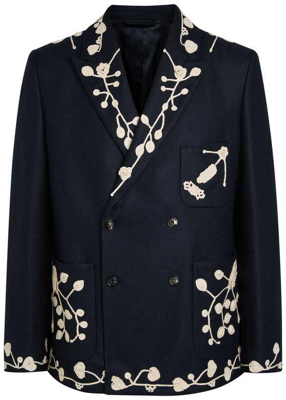 Photo: Bode Snowdrop Embroidered Wool-blend Blazer Navy