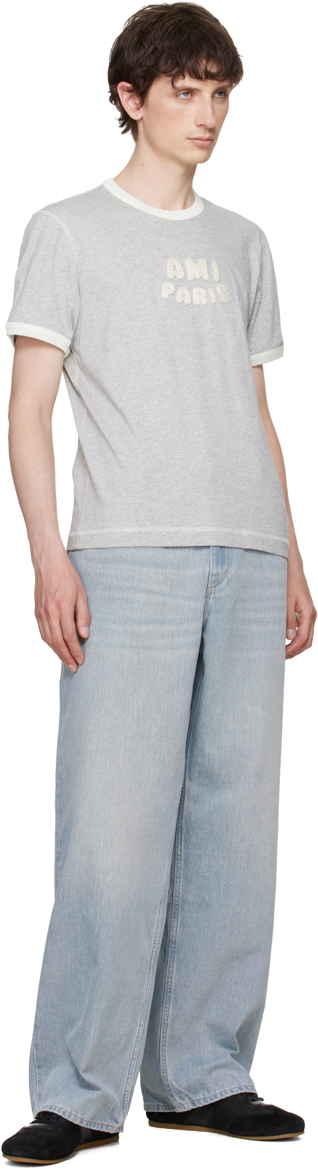 AMI Paris Gray Cotton 'Ami Paris' Knitted Patch T-shirt