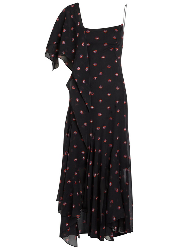 Photo: Liberowe Aubrey Floral-print Asymmetric Silk Midi Dress Black