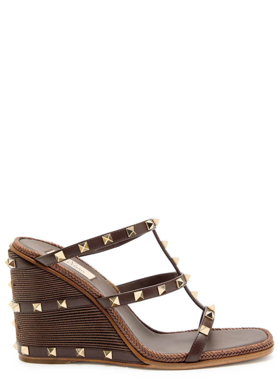 Valentino Rockstud 100 Leather Wedge Espadrilles Brown