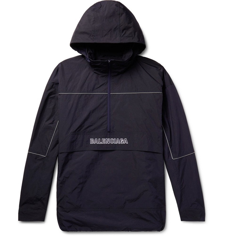 Photo: Balenciaga - Oversized Logo-Embroidered Ripstop Half-Zip Hooded Jacket - Midnight blue