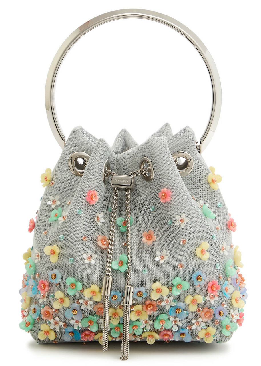 Jimmy Choo Bon Bon Floral-embellished Mesh Bucket bag - Silver - One Size