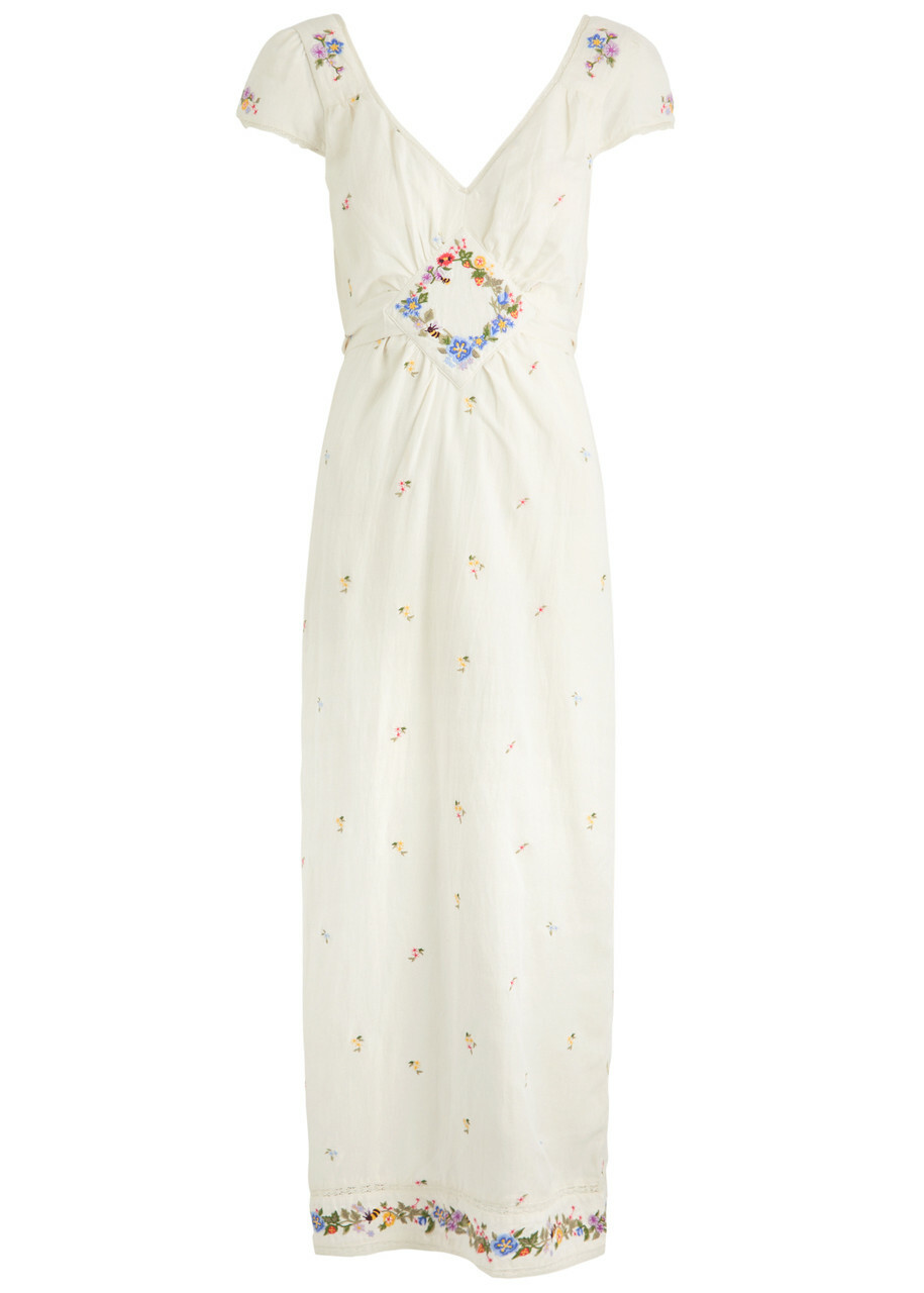 Rixo Carey Floral-embroidered Woven Midi Dress Ivory Rixo