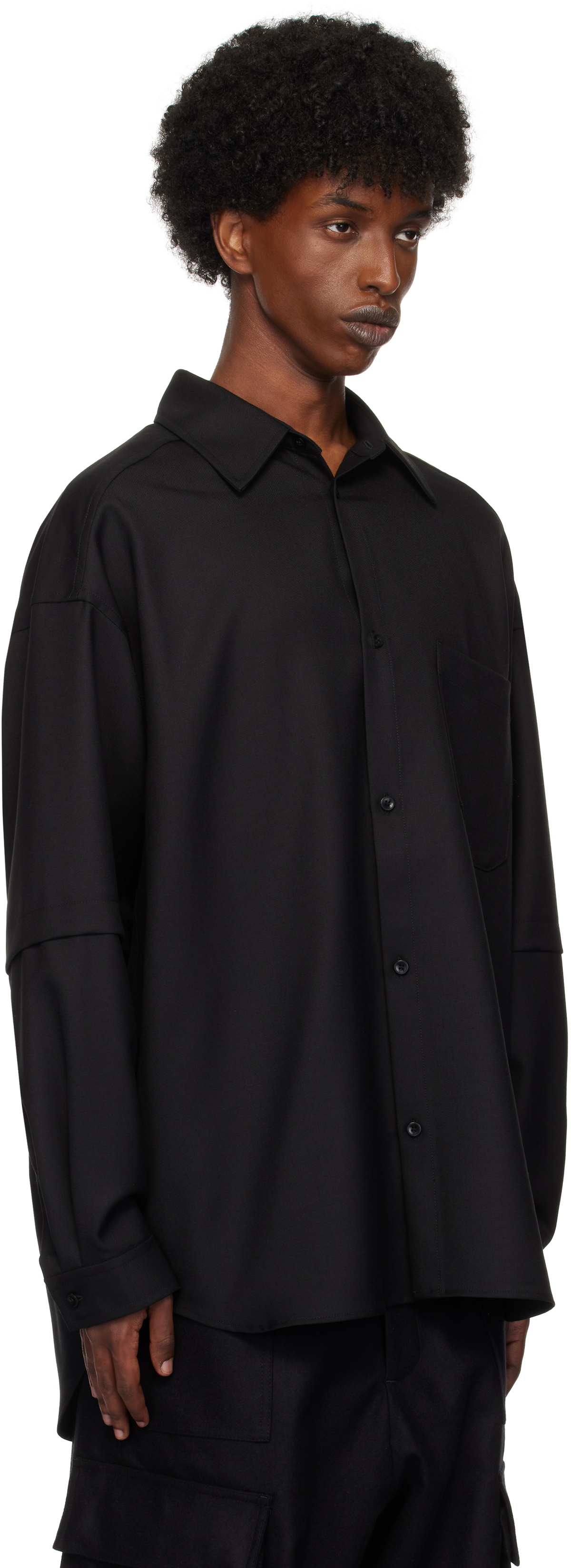 Lownn Black Wool Twill Layered Shirt