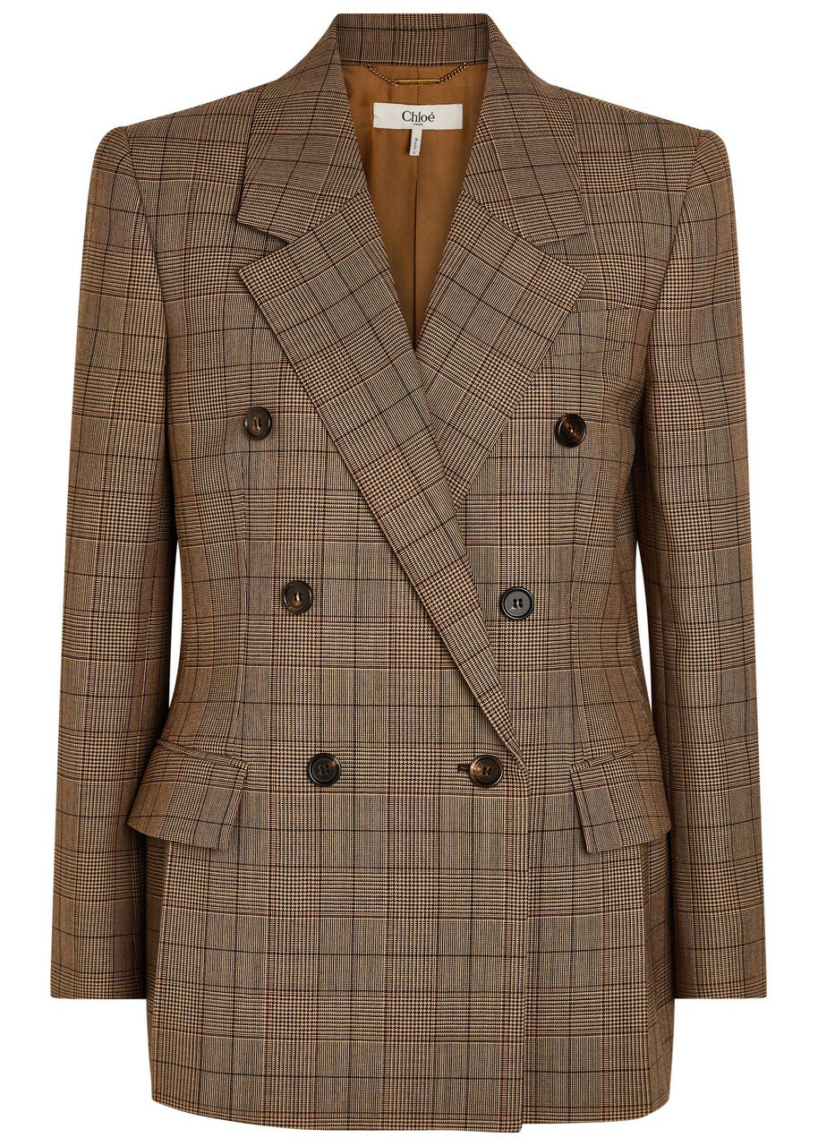 Chloe Checked Double-breasted Wool Blazer Brown