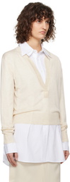 RECTO Off-White Deep Henley Neck Sheer Knit Sweater