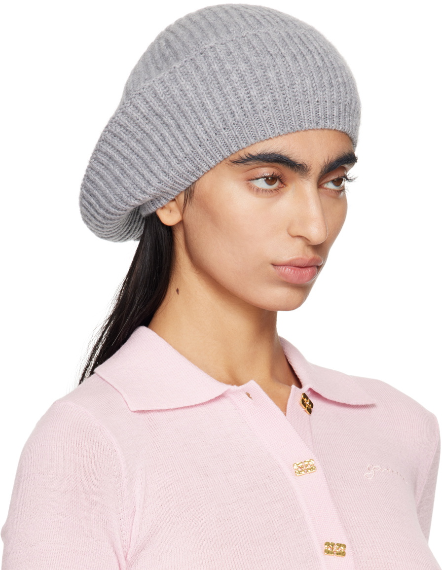 GANNI ニット キャップ GREY ビーニー Wool 混紡 グレー GANNI Gray Oversized Wool Rib Knit Beanie GANNI
