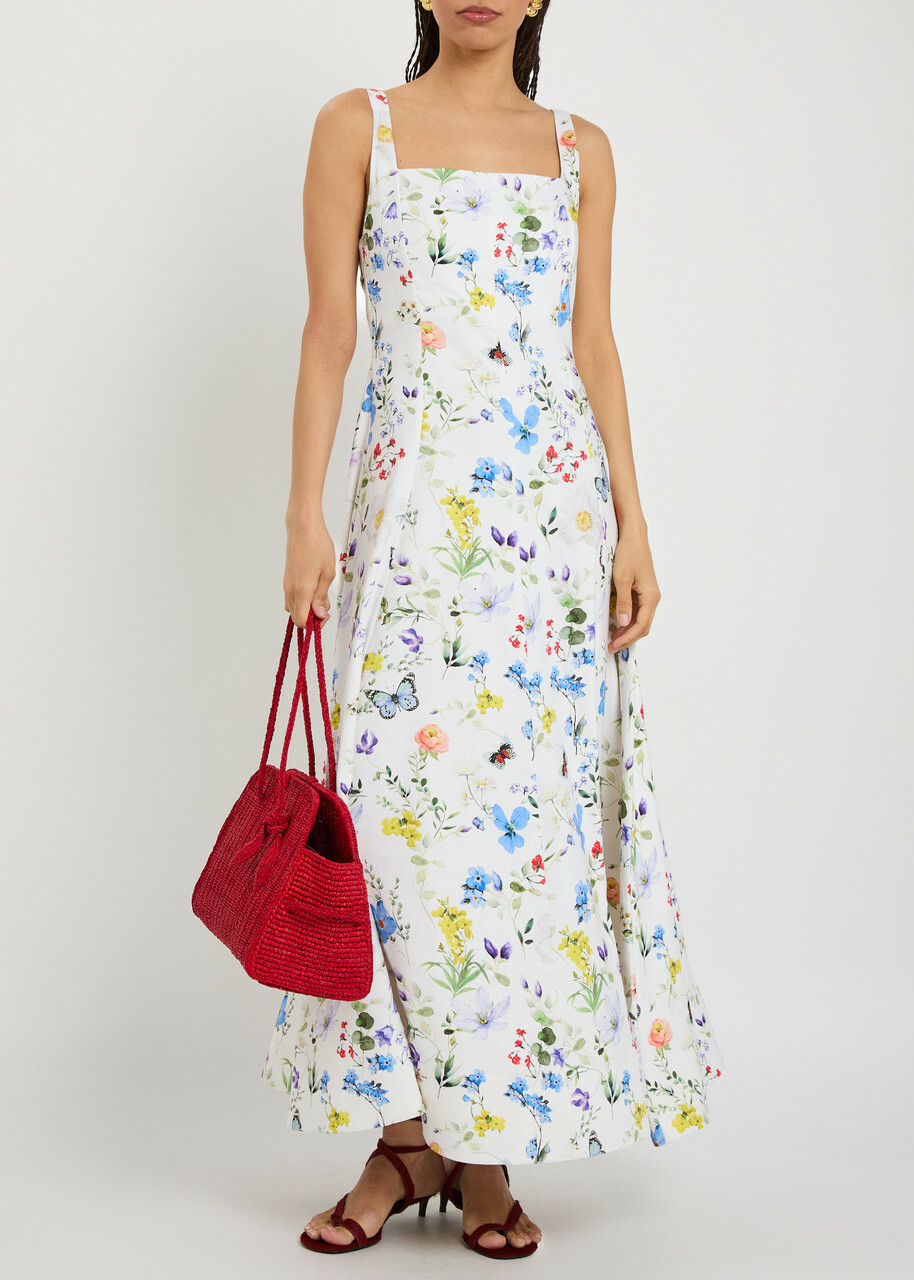 Alice + Olivia Polly Floral Linen-blend Midi Dress Multicoloured