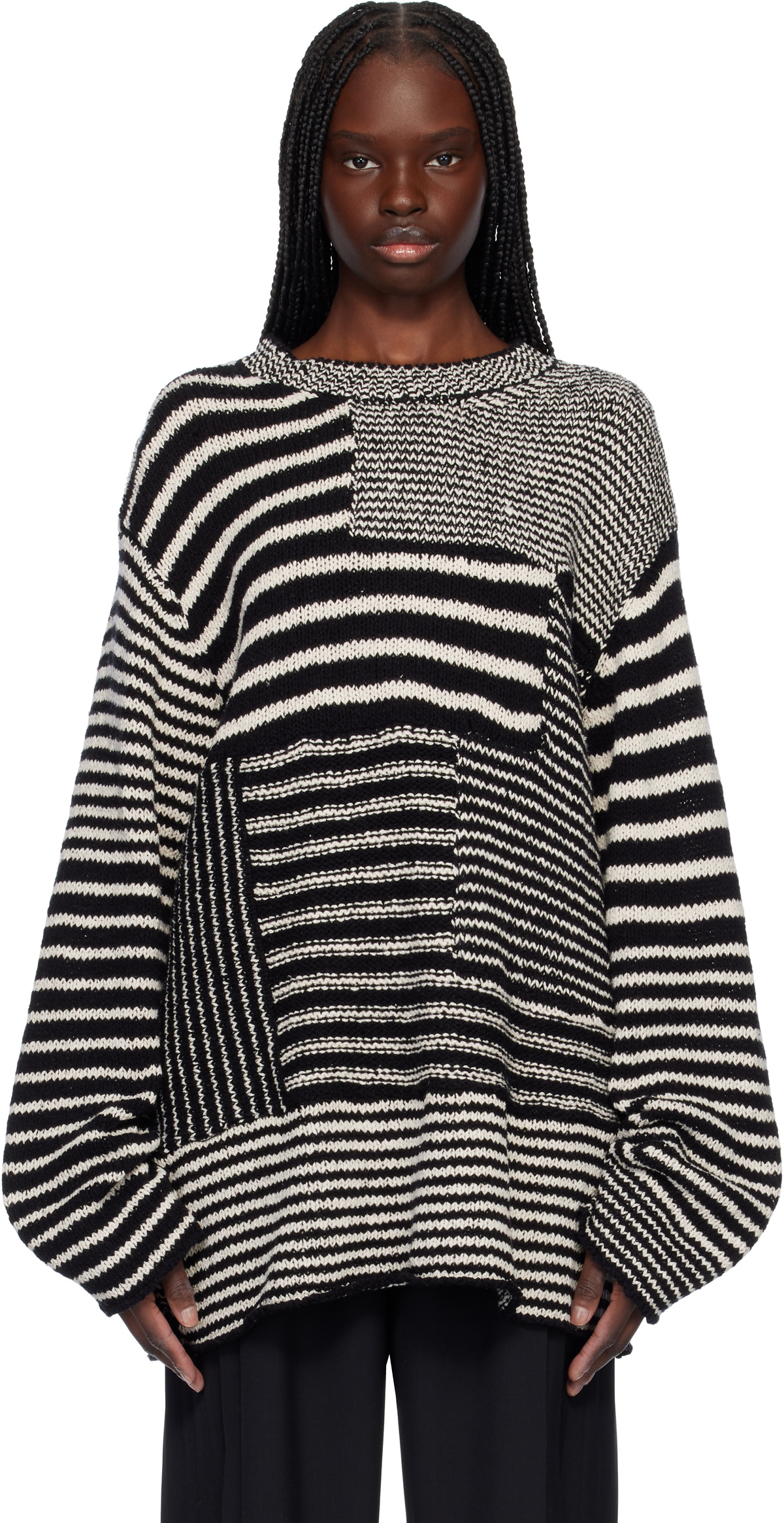 YOHJI YAMAMOTO Black & Off-White 3G1P Border Round Neck Knit Sweater