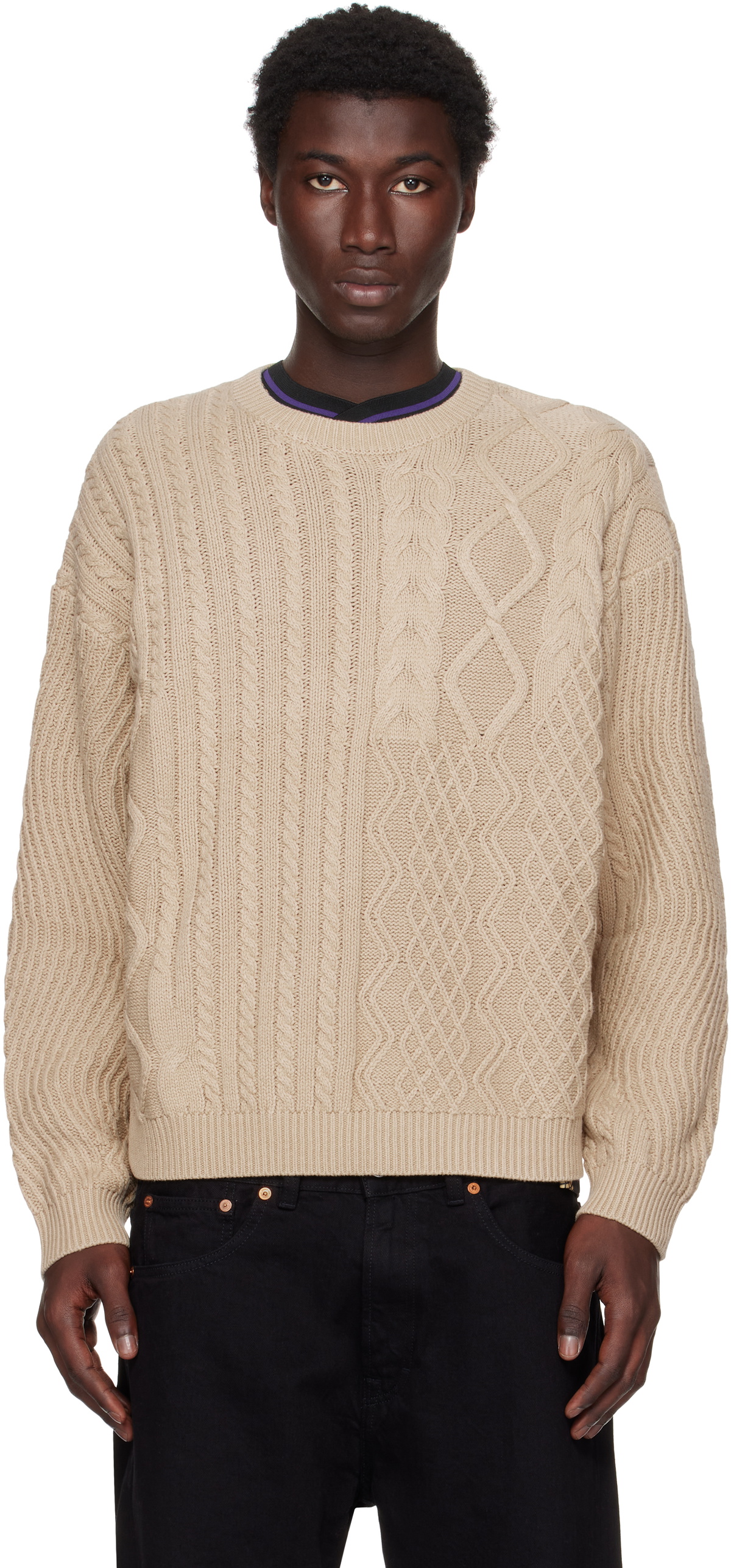 Dancer Elbow Logo Knitted Crewneck Sweatshirt - Beige | Flatspot