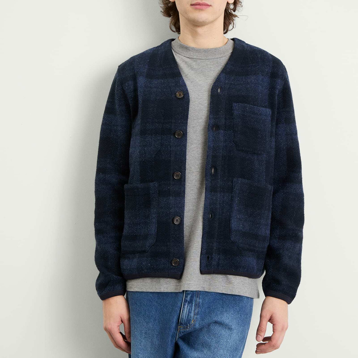 Universal Works Men's MOH Check Fleece Cardigan in Navy