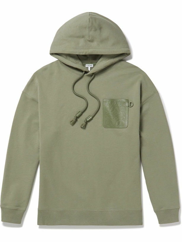 Photo: Loewe - Anagram Leather-Trimmed Cotton-Jersey Hoodie - Green