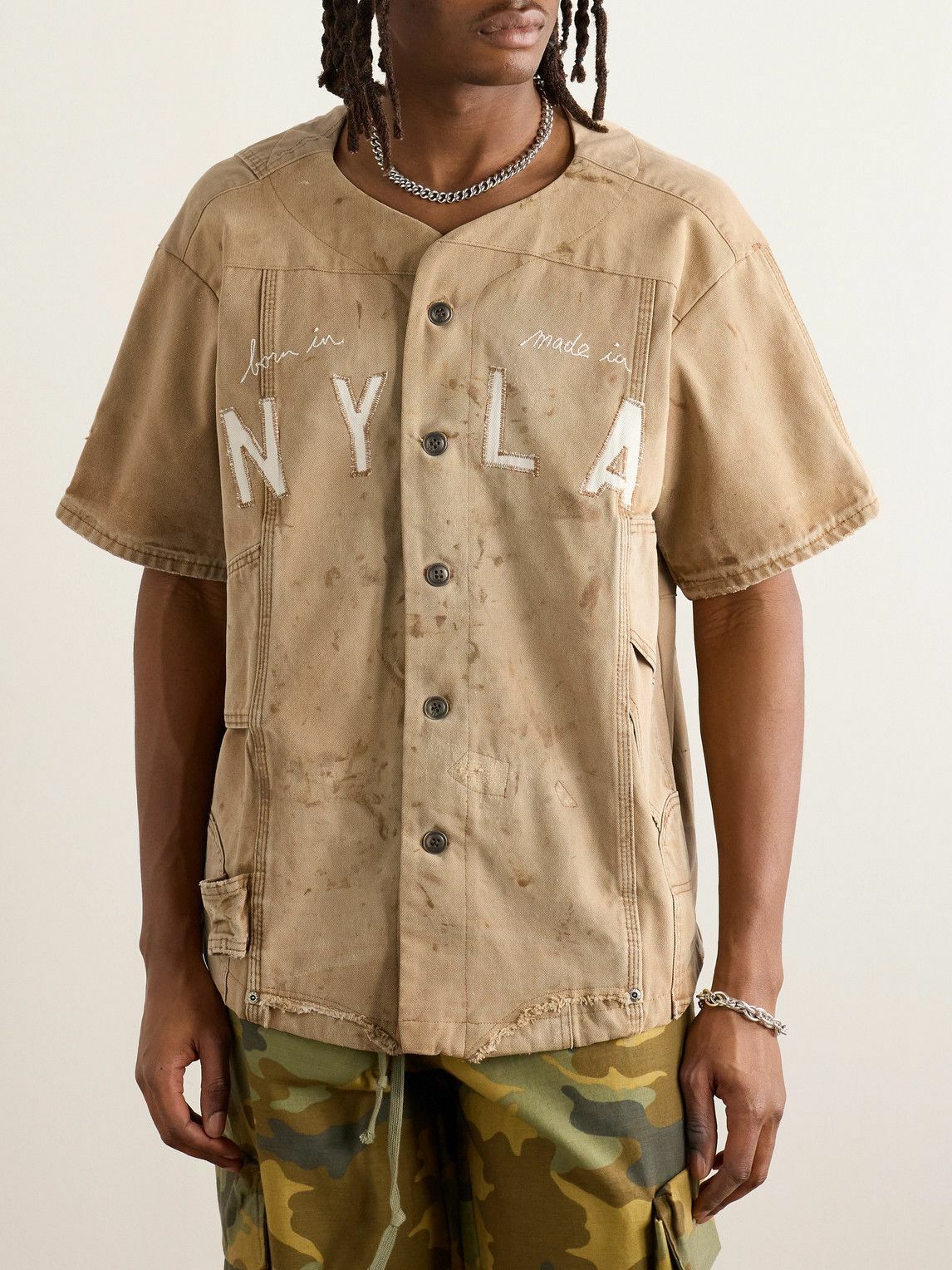 Greg Lauren - Frayed Appliquéd Embroidered Distressed Cotton-Canvas Shirt - Brown