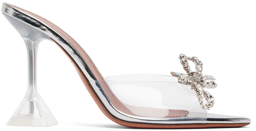 Amina Muaddi Silver Rosie Glass Slipper Heeled Sandals Amina Muaddi