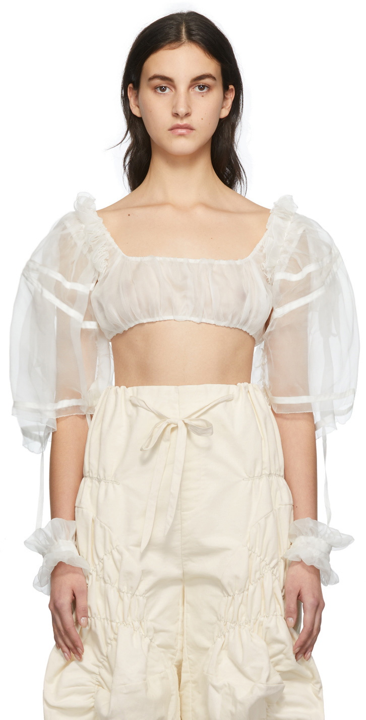 Renli Su White Cropped Silk Organza Blouse