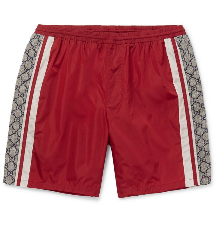 Photo: Gucci - Wide-Leg Long-Length Striped Logo-Print Swim Shorts - Red