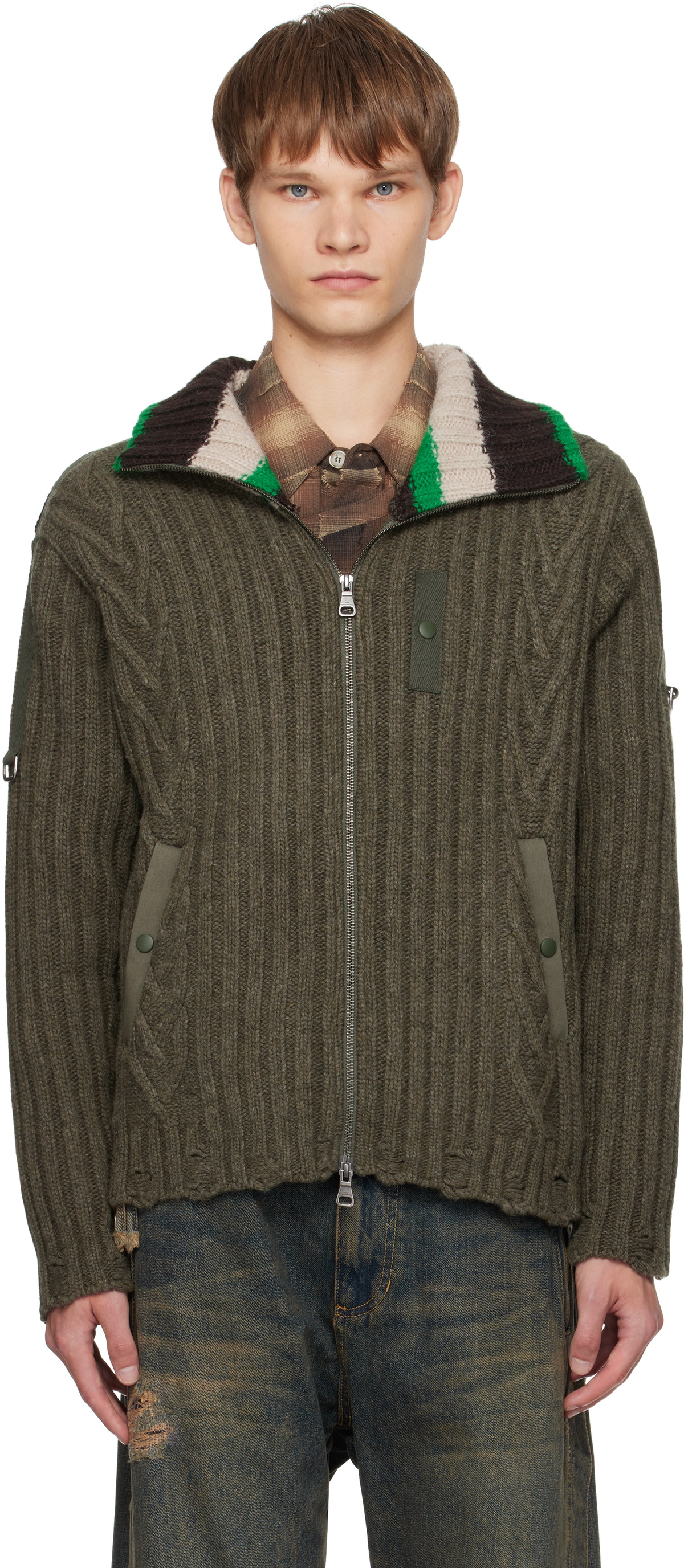 Andersson Bell Khaki Stripe High-Neck Zip-Up Sweater