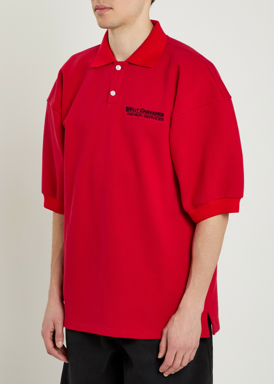 Willy Chavarria Football Logo-embroidered Piqué Cotton Polo Shirt Red