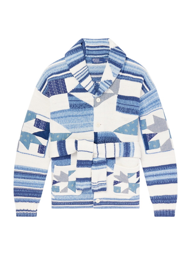Photo: Polo Ralph Lauren - Shawl-Collar Patchwork Cotton and Linen-Blend Cardigan - Blue