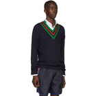 Gucci Navy Wool Web V-Neck Sweater