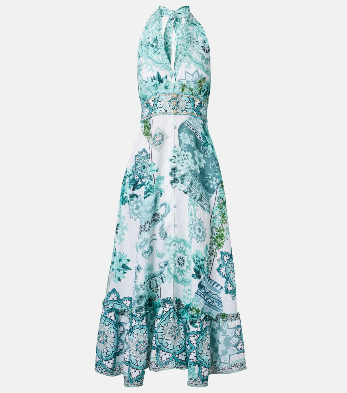 Camilla Embellished ruffled halterneck linen midi dress