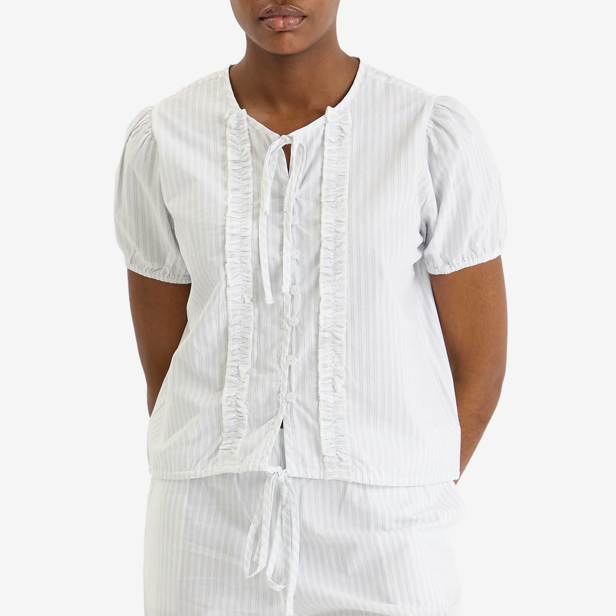 Deiji Studios Women's Double Frill Top in Sage Stripe