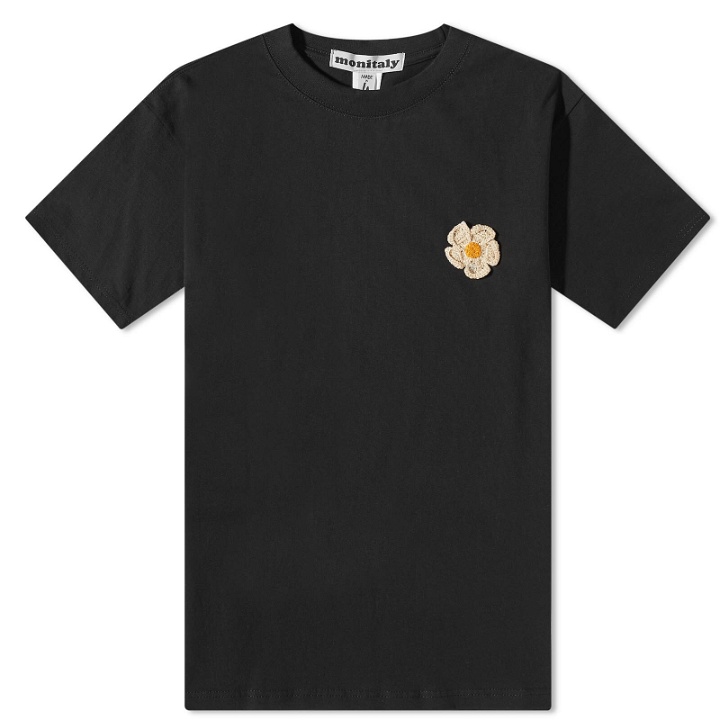 Photo: Monitaly Men's Crochet Flower T-Shirt in Black With Natural Gold