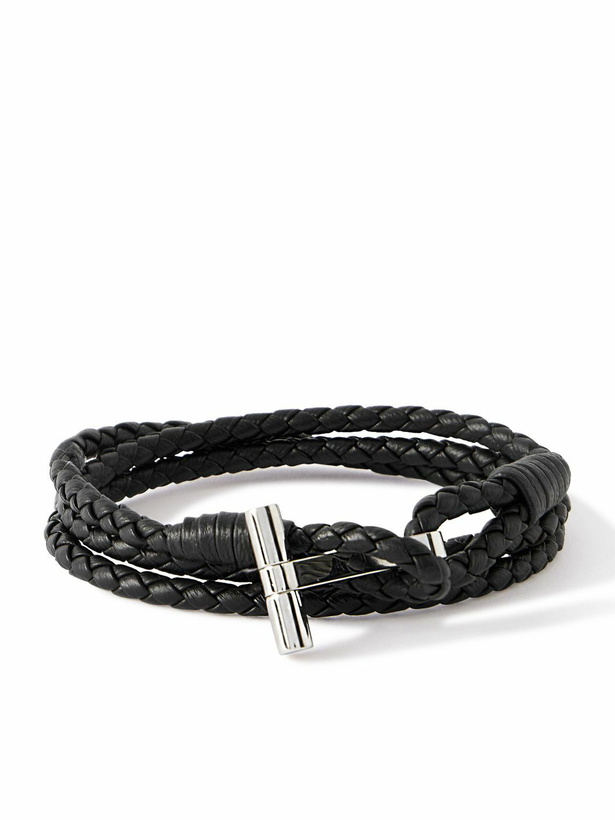 Photo: TOM FORD - Woven Leather and Silver-Tone Wrap Bracelet - Black
