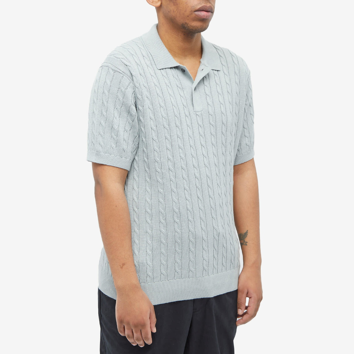 【BEAMS】Knit Polo Cable　ICE BLUE L BEAMS PLUS Knit Cable Polo - Ice Blue | Garmentory