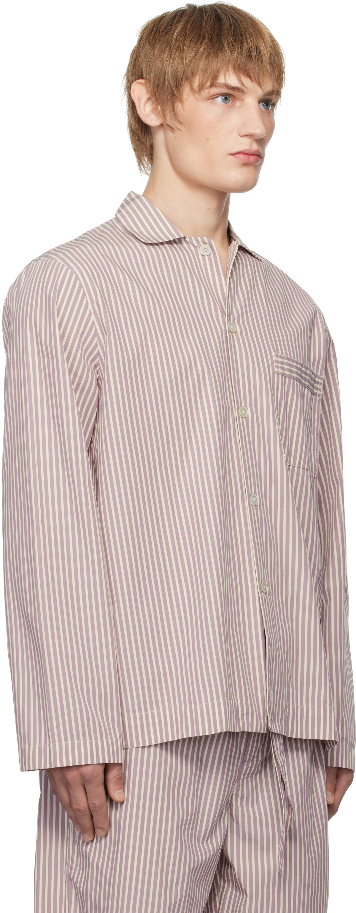 Tekla Purple & White Poplin Long-Sleeved Pyjama Shirt