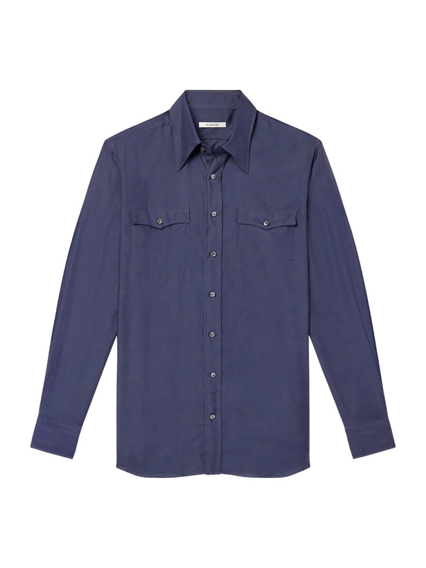 Photo: Husbands - Cotton and Silk-Blend Twill Shirt - Blue