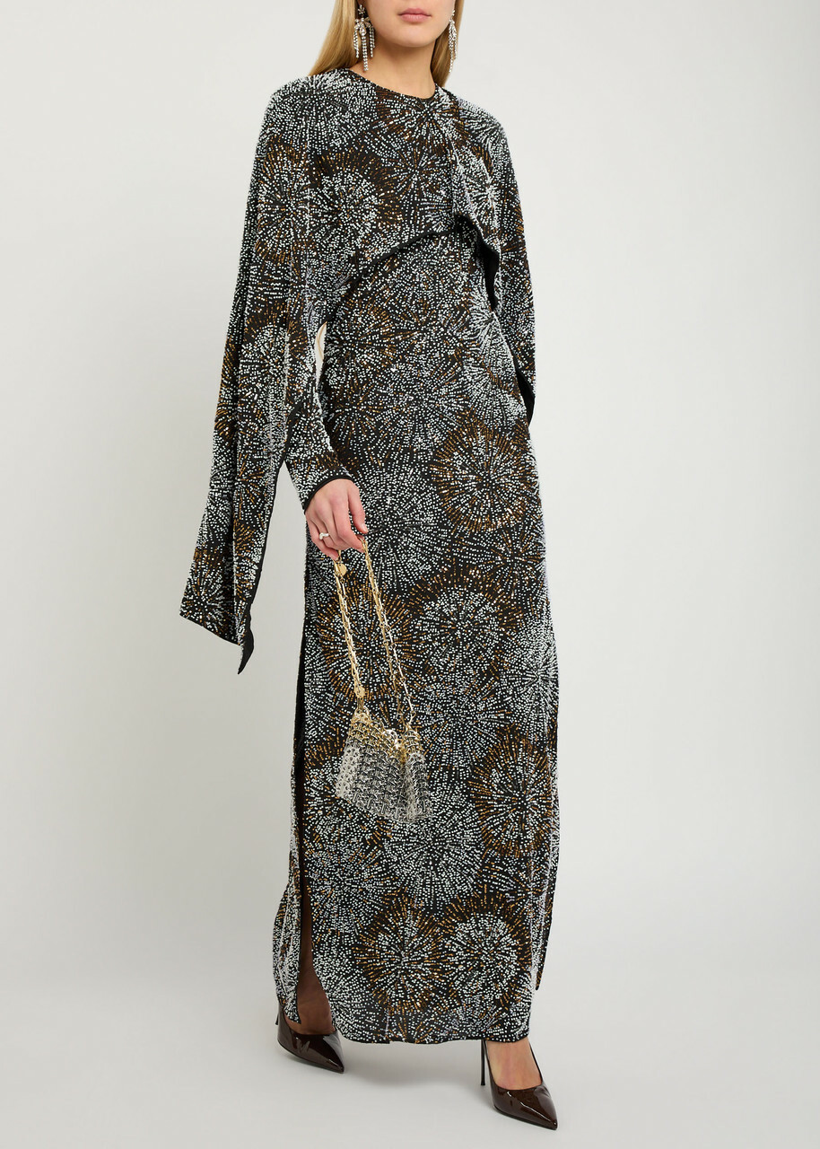 Rabanne Embellished Cape Gown Black