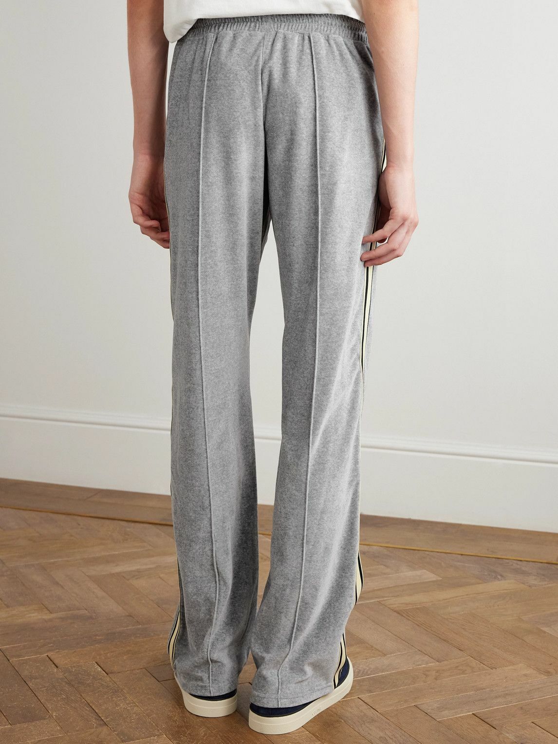 CELINE - Straight-Leg Webbing-Trimmed Logo-Embroidered Cotton-Blend Velour Track Pants - Gray