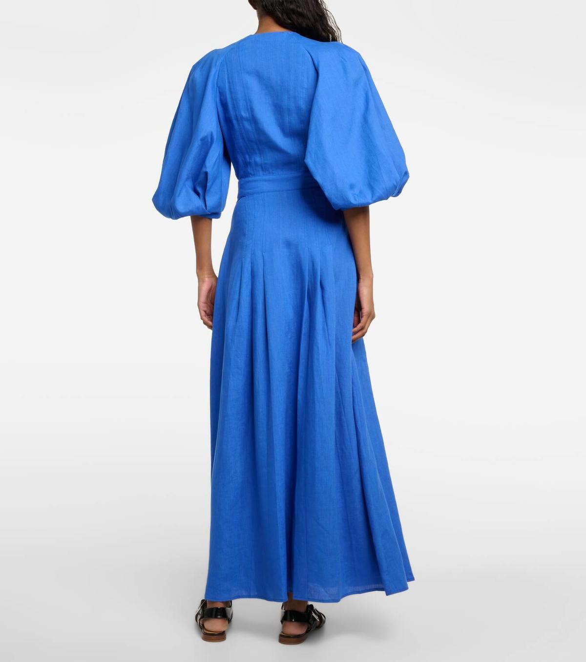 knee length dresses for ladies Bryn Walker Lana Cross-Dyed Linen V-Neck 3/4 Puff Sleeve Ruffle Hem Sh –  Trendy Twist Boutique main image 1