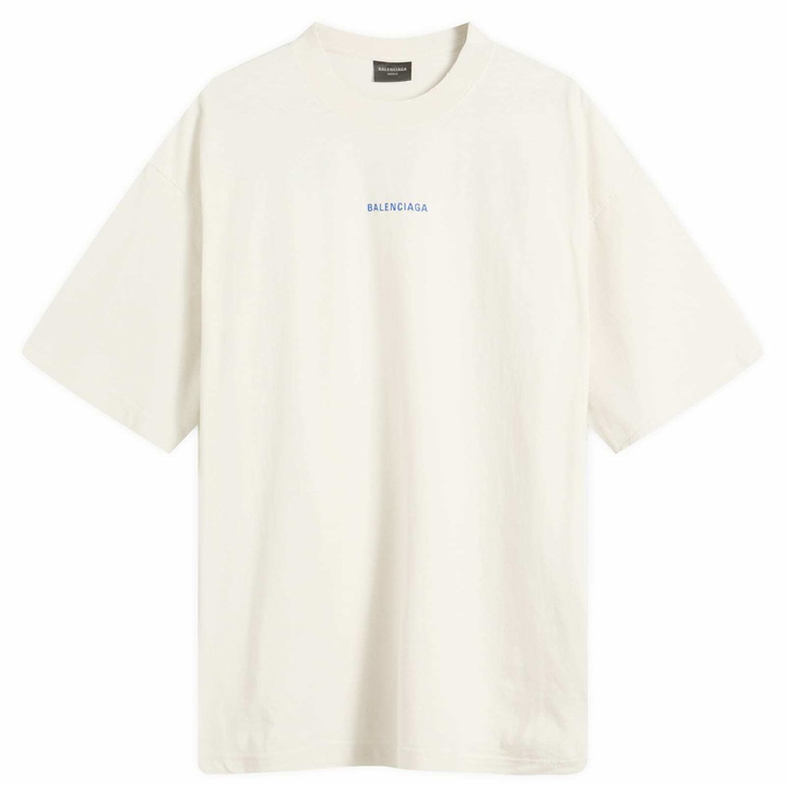 Photo: Balenciaga Men's Logo Back Dry Jersey Medium Fit T-Shirt in Dirty Wht/Sport Blue
