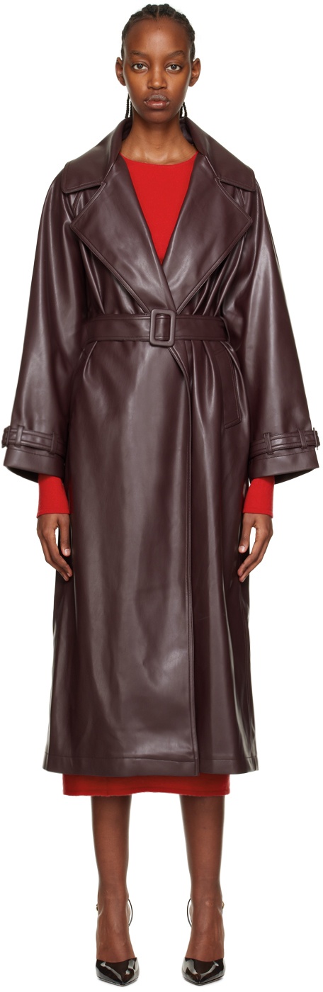Olēnich Brown Belted Faux-Leather Trench Coat
