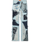 WHO DECIDES WAR by Ev Bravado - Distressed Appliquéd Denim Jeans - Blue