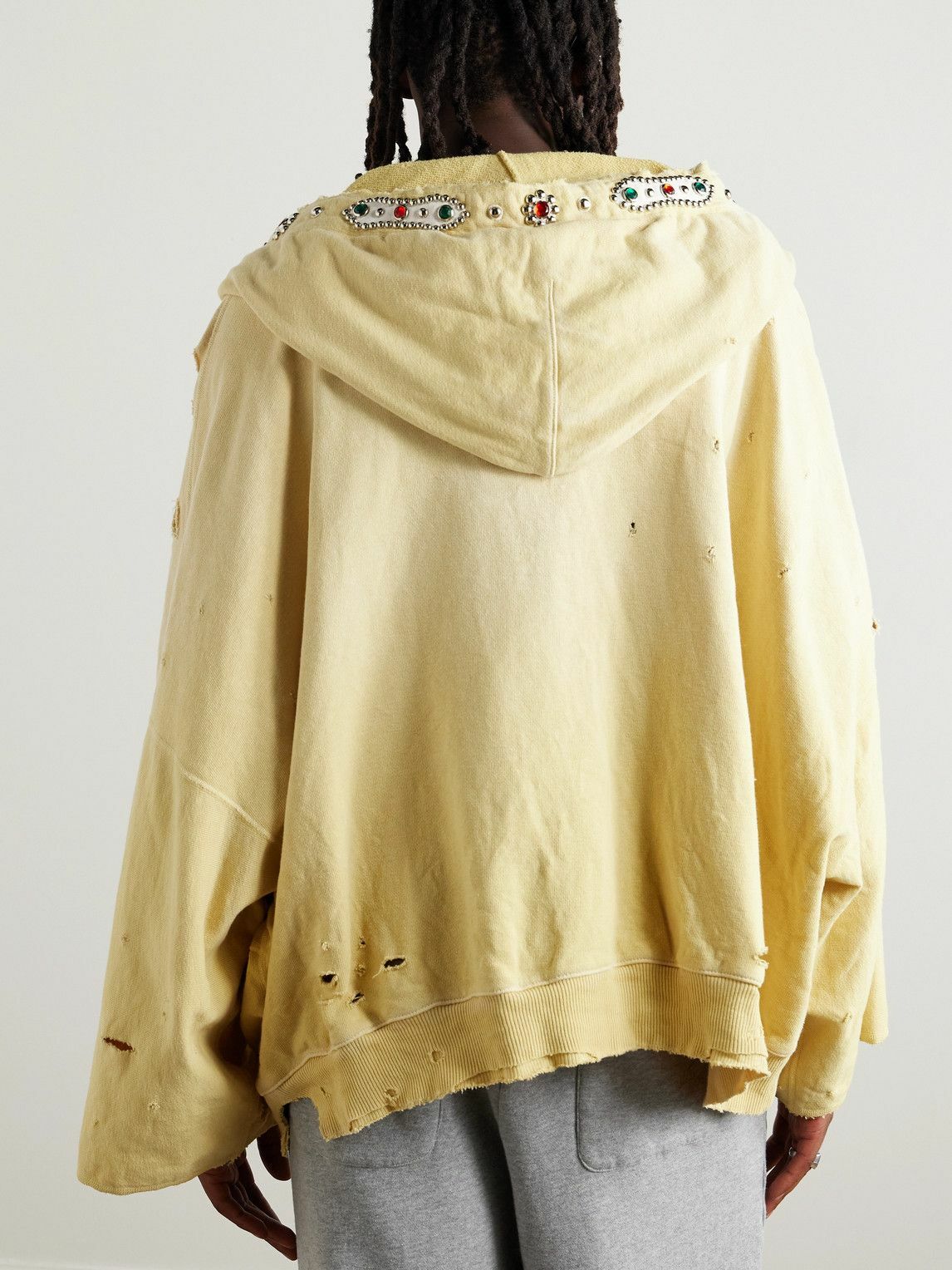 KAPITAL - Embelished Distressed Cotton-Jersey Zip-Up Hoodie KAPITAL