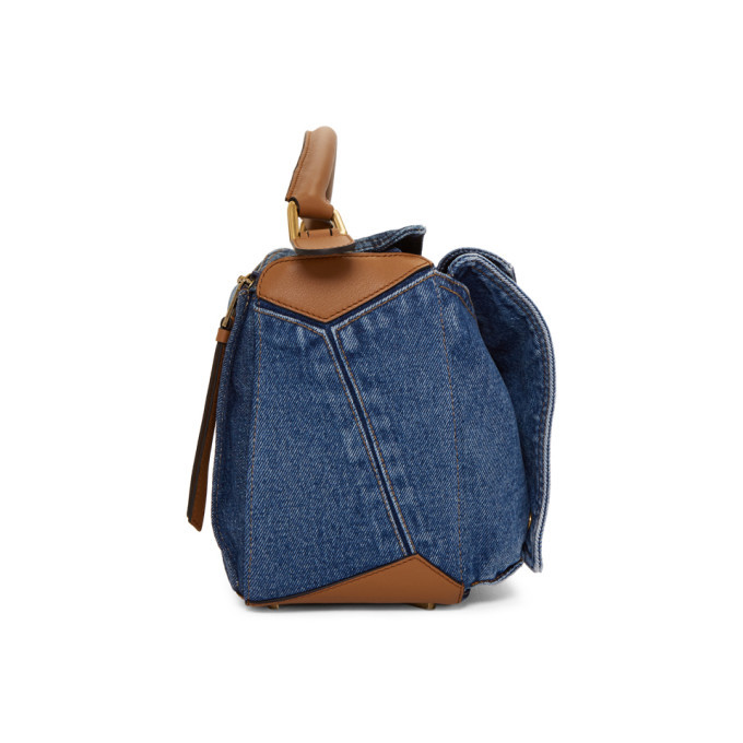 Loewe Tan and Blue Medium Denim Puzzle Pockets Bag