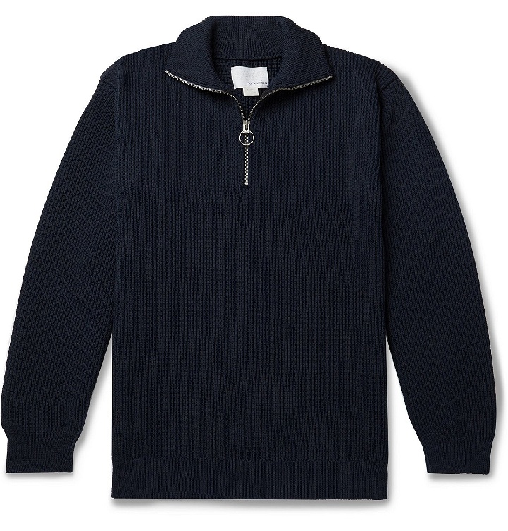 Photo: nanamica - Ribbed-Knit Half-Zip Sweater - Blue