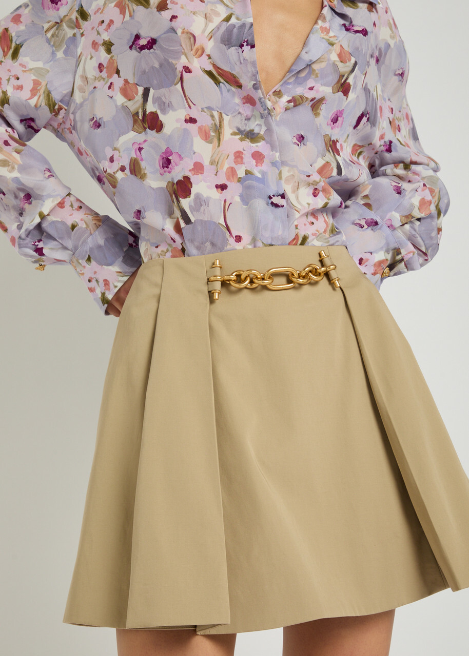 Balmain Embellished Pleated Cotton Mini Skirt Sand