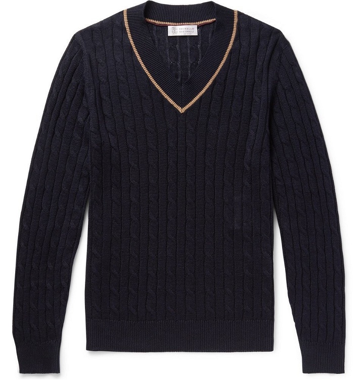 Photo: Brunello Cucinelli - Cable-Knit Linen and Cotton-Blend Sweater - Men - Midnight blue